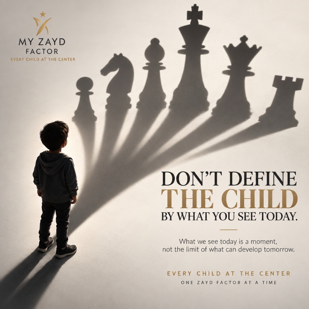 Child casting a powerful shadow across chess pieces representing boundless future potential