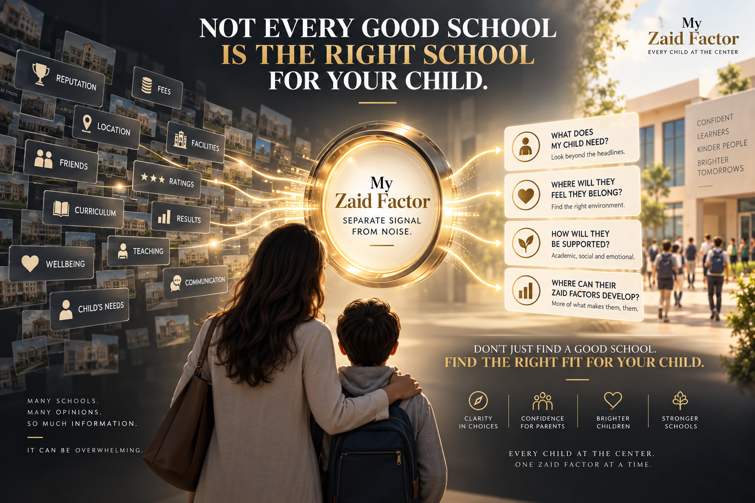 Parents and child having a thoughtful conversation about school choice and learning pathways